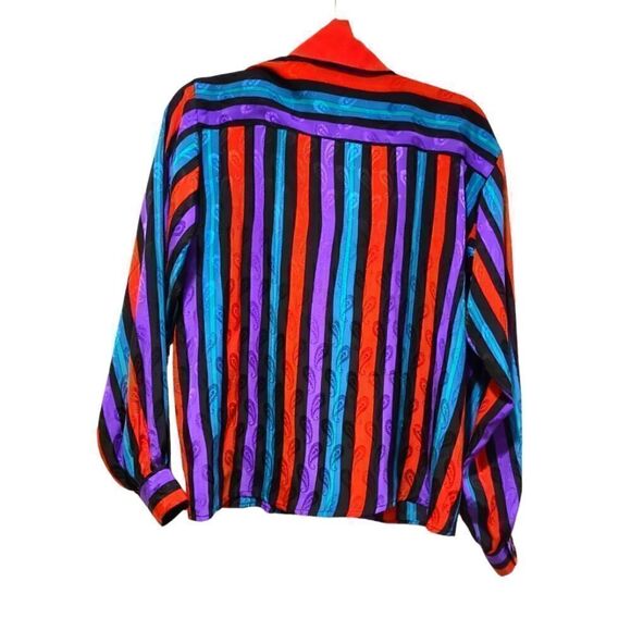 70s/80s John Yang for Jack Mulqueen Striped & Paisley 100% Silk Blouse Mock-neck - Picture 5 of 11